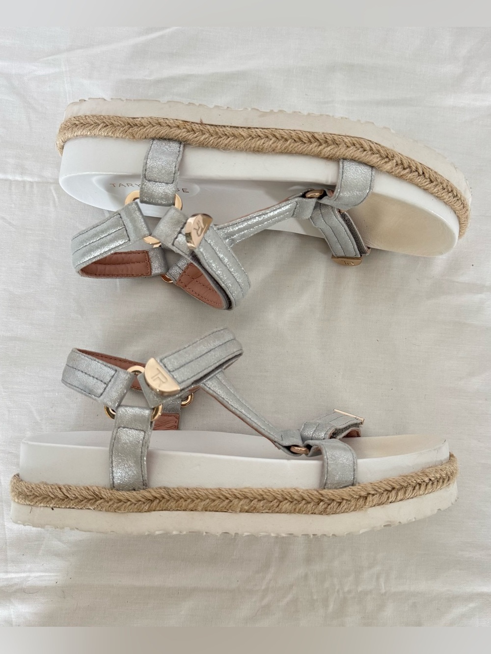 Taryn Rose Silver Metallic Espadrille-Trim Platform Sandals Size 7.5B